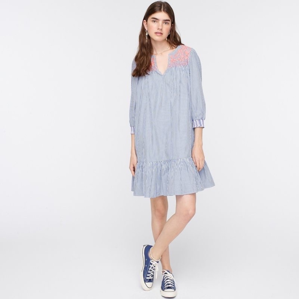 JCREW embroidered popover dress ruffle hem NWT